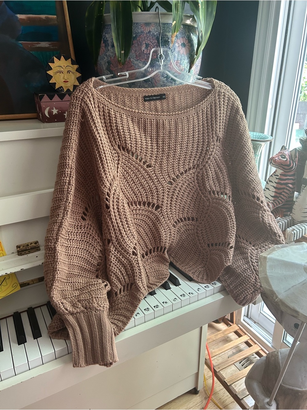 Moon & Madison Taupe Crochet Open Knit Oversized Sweater XS Boho